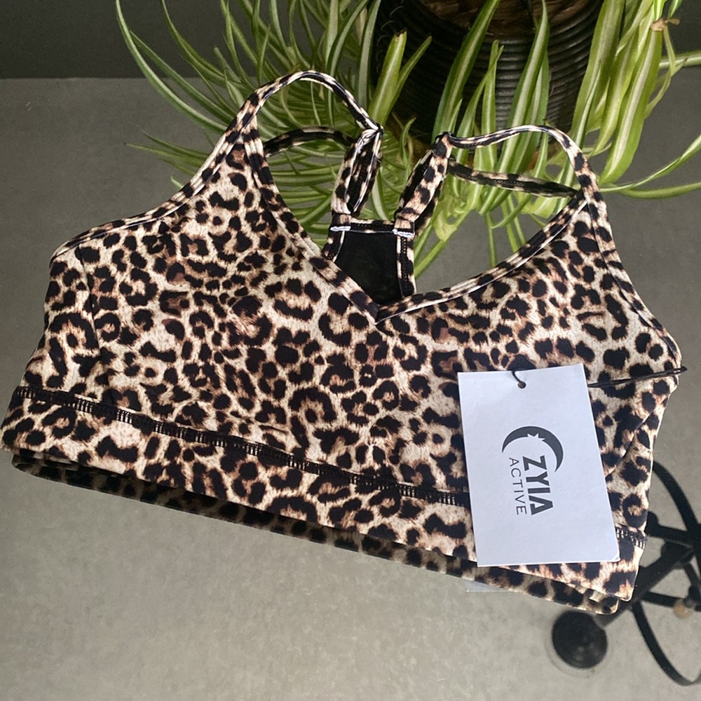 NWT Zia Active Leopard Brilliant Mesh Sports Bra, XS